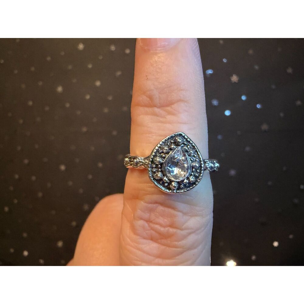 Synthetic Teardrop Stone Ring Size 6.5, Silver Tone Pear Cut Halo Ring
